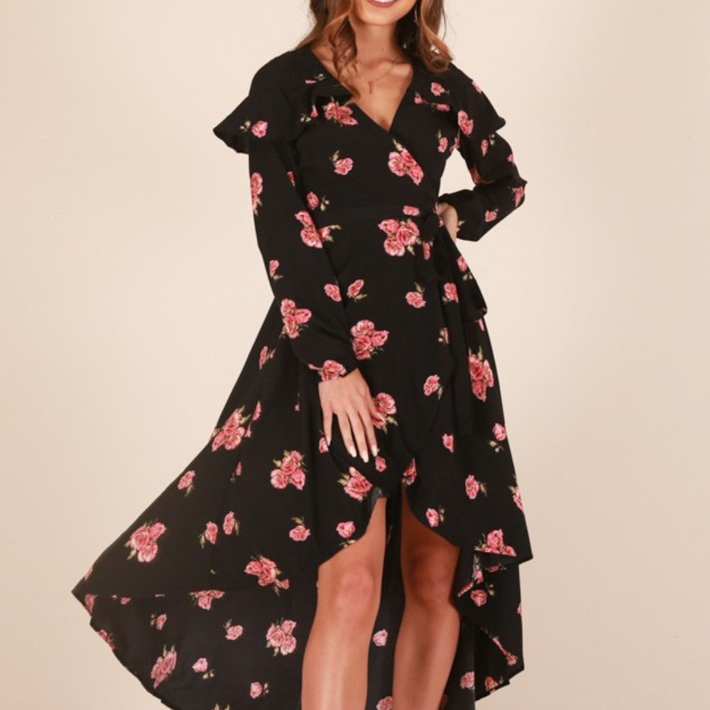 Black Floral Print Wrap Maxi Dress